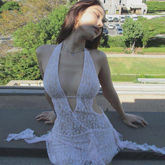 Lygens Sexy Hollow Lace Camisole Dresses Women Transparent Strapless Crop Tops