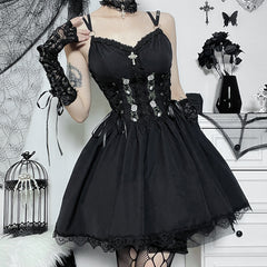 Elegant Temperament Lace Dress Sexy Suspender Dress Black Waist Cinched Short Skirt