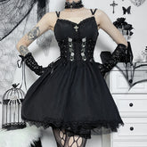 Elegant Temperament Lace Dress Sexy Suspender Dress Black Waist Cinched Short Skirt