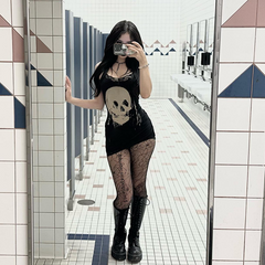 Dark Style Personalized Spicy Girl Short Skirt with Skull Print Suspender Skirt