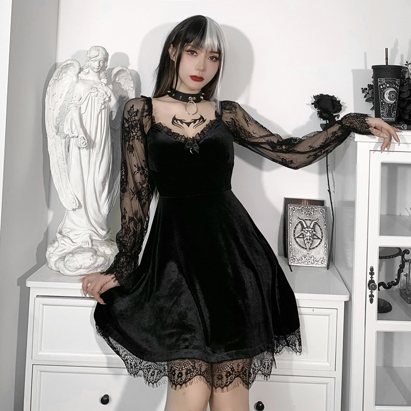 Dark Halloween Style Punk Dress Sexy Lace Print Party Dress Cosplay  Streetwear Y2K Skirt