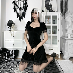 Suede Square Neck Lace Edge Bubble Sleeve Dress New Solid Color Short Skirt