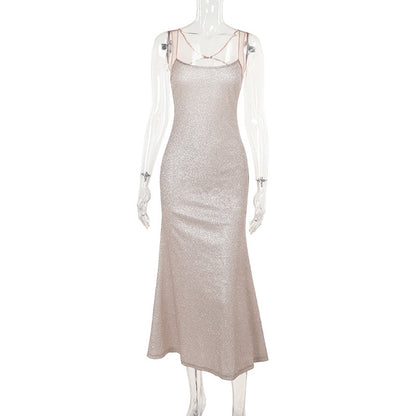 Glitterende elegante camisole avondjurk, sexy nauwsluitende lange rok 