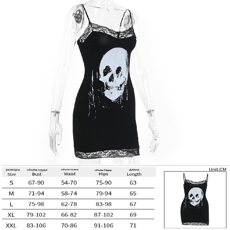 Dark Halloween Style Punk Dress Sexy Lace Print Party Dress Cosplay  Streetwear Y2K Skirt