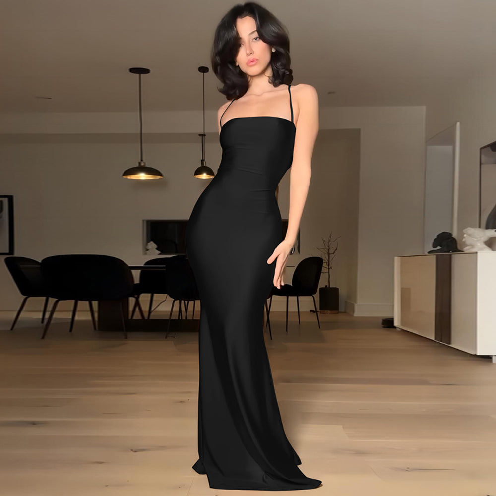 Fashion High Waisted Satin Suspender Dress for Women Sexy Elegant Bodycon Outfit Evening Dress