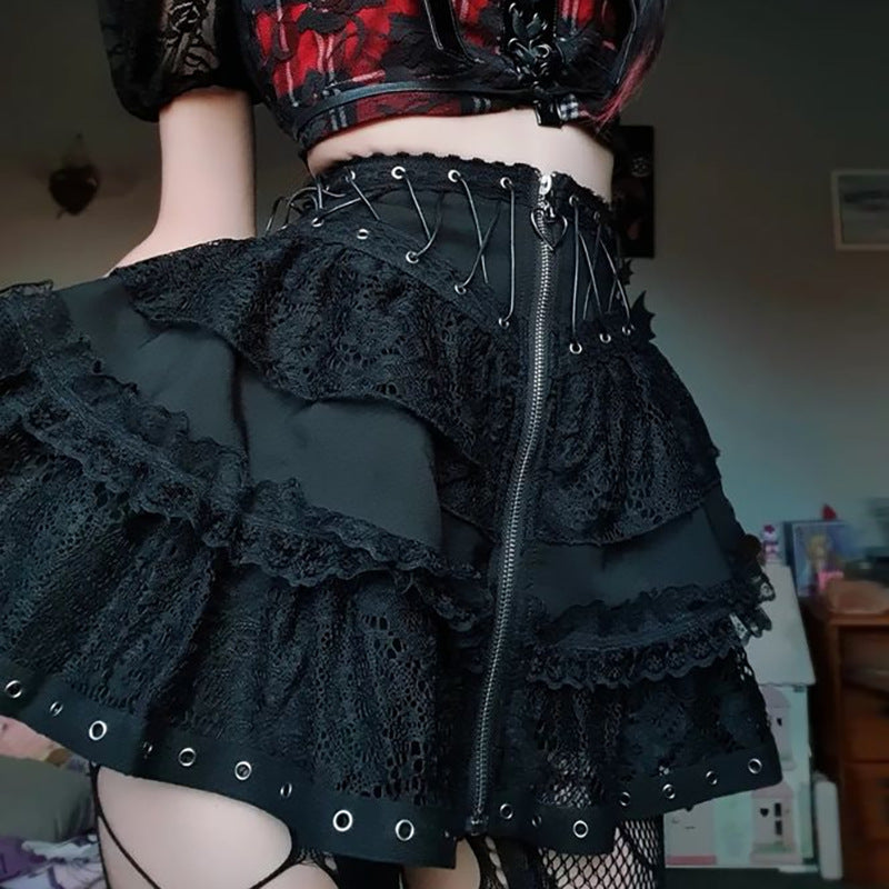 Halloween Dark Style Zipper Lace Short Half Skirt Punk Trend Women Sexy Short Skirts