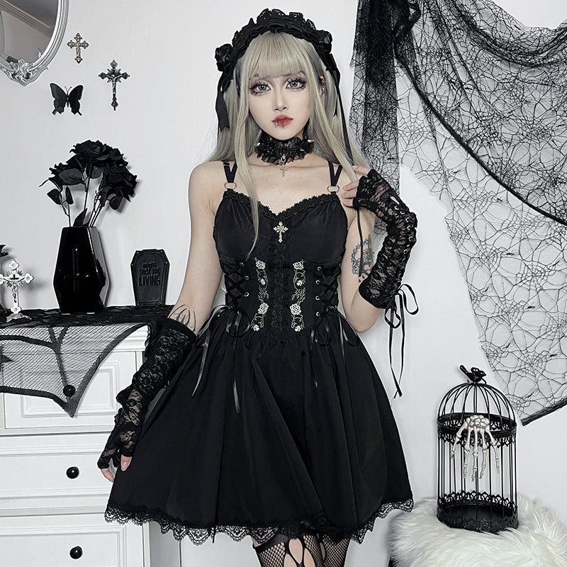 Elegant Temperament Lace Dress Sexy Suspender Dress Black Waist Cinched Short Skirt