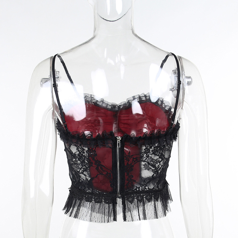 Women'S Transparent Sexy Lace Mesh Camisole For Crop Dark Style Backless Zipper Punk Corset Tops