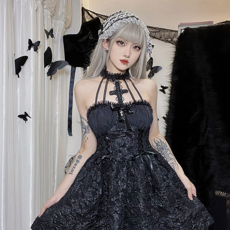 Dark Halloween Style Punk Dress Sexy Lace Print Party Dress Cosplay  Streetwear Y2K Skirt