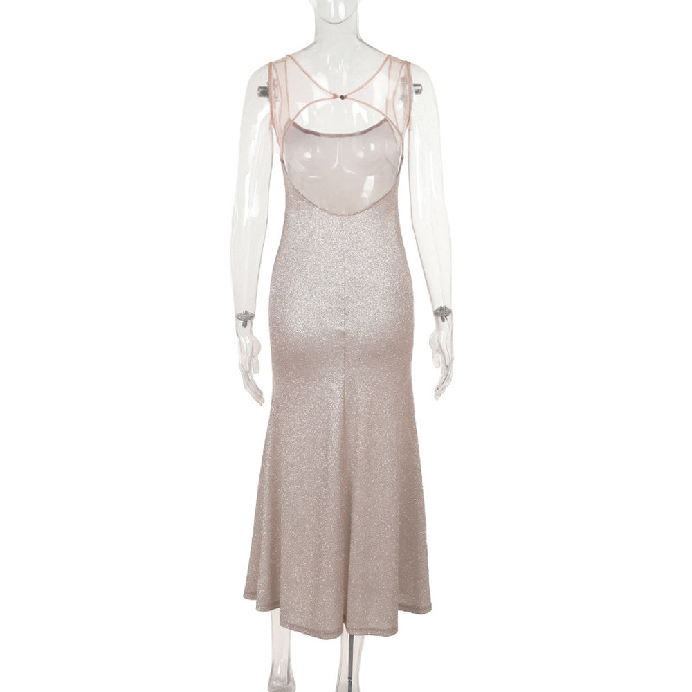 Glitterende elegante camisole avondjurk, sexy nauwsluitende lange rok 