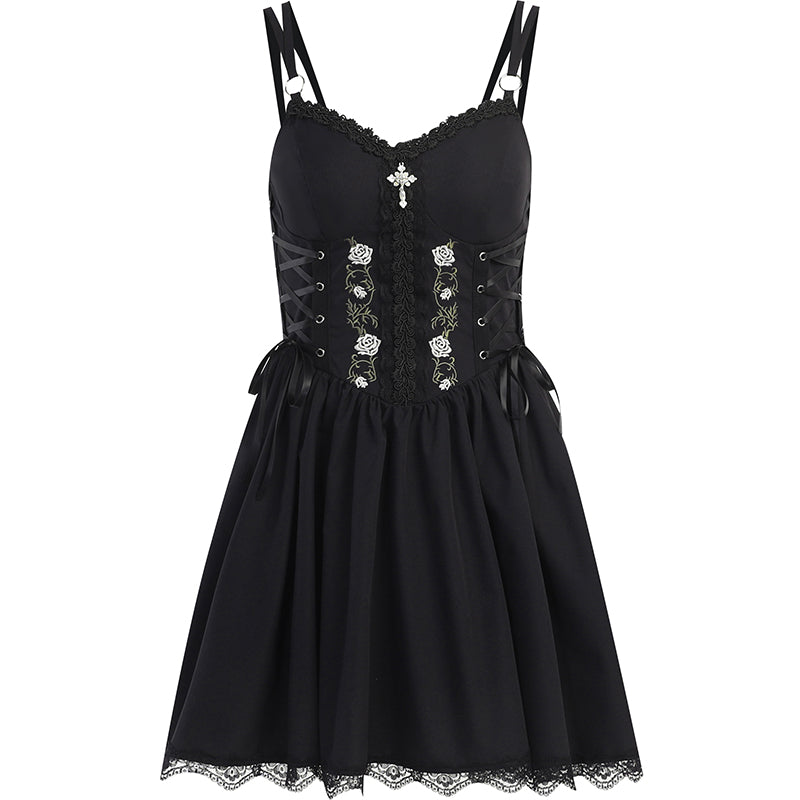 Elegant Temperament Lace Dress Sexy Suspender Dress Black Waist Cinched Short Skirt