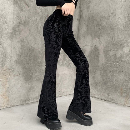 Donkere modieuze flared broek voor dames, suède casual broek met reliëf 