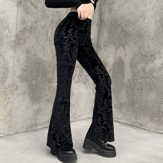 Donkere modieuze flared broek voor dames, suède casual broek met reliëf 