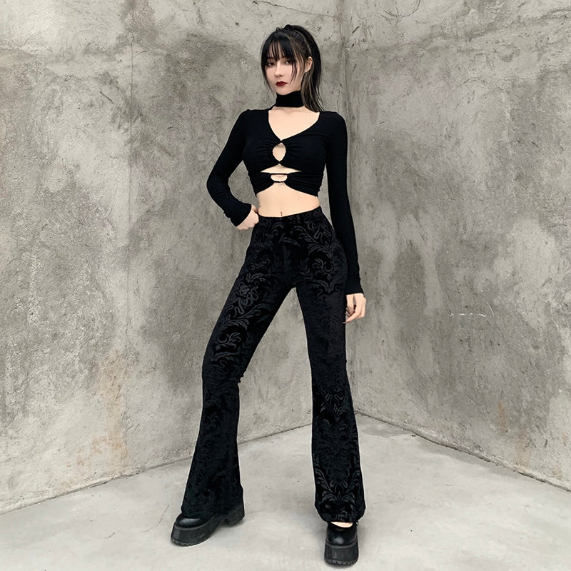 Donkere modieuze flared broek voor dames, suède casual broek met reliëf 