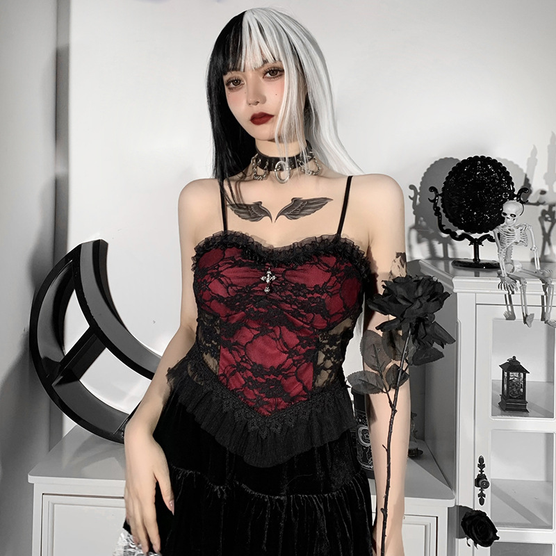 Women'S Transparent Sexy Lace Mesh Camisole For Crop Dark Style Backless Zipper Punk Corset Tops