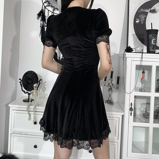 Suede Square Neck Lace Edge Bubble Sleeve Dress New Solid Color Short Skirt