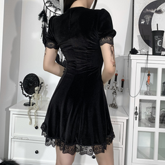 Suede Square Neck Lace Edge Bubble Sleeve Dress New Solid Color Short Skirt