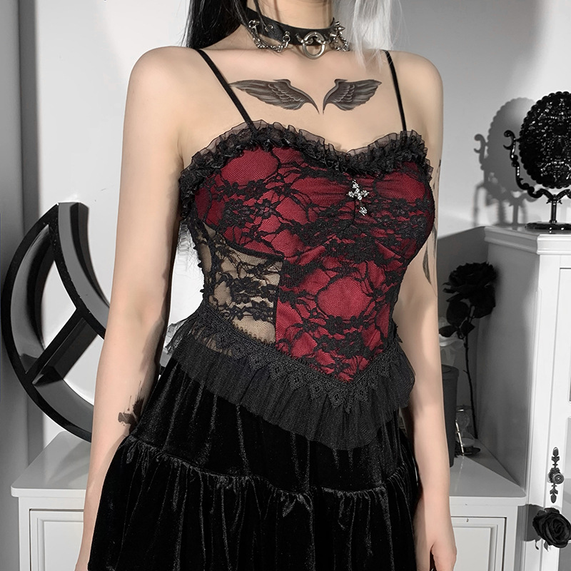 Women'S Transparent Sexy Lace Mesh Camisole For Crop Dark Style Backless Zipper Punk Corset Tops