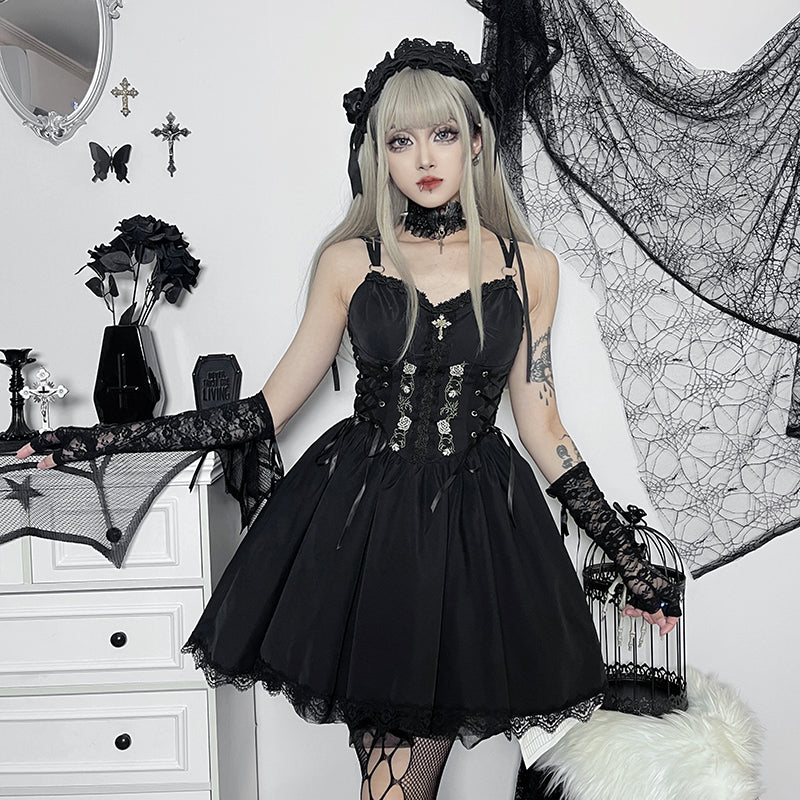 Dark Halloween Style Punk Dress Sexy Lace Print Party Dress Cosplay  Streetwear Y2K Skirt