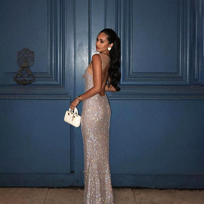 Glitterende elegante camisole avondjurk, sexy nauwsluitende lange rok 