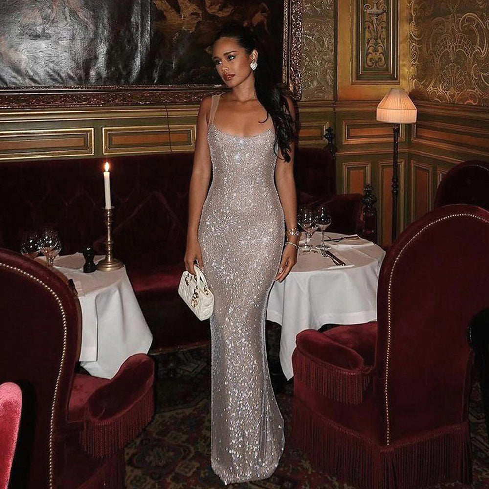 Blingbling Elegant Camisole Evening Dress Sexy Slim Fit Long Skirt