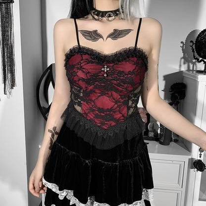 Women'S Transparent Sexy Lace Mesh Camisole For Crop Dark Style Backless Zipper Punk Corset Tops