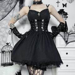 Elegant Temperament Lace Dress Sexy Suspender Dress Black Waist Cinched Short Skirt