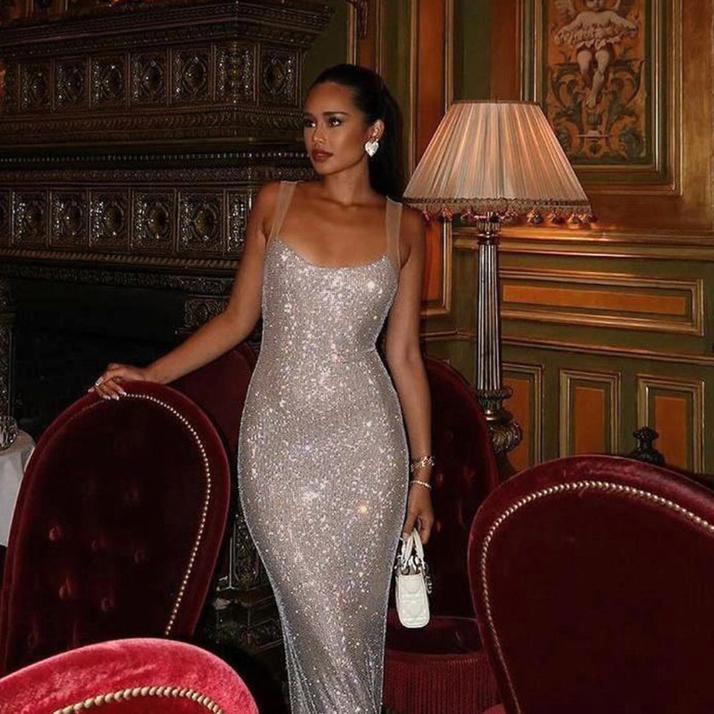 Blingbling Elegant Camisole Evening Dress Sexy Slim Fit Long Skirt