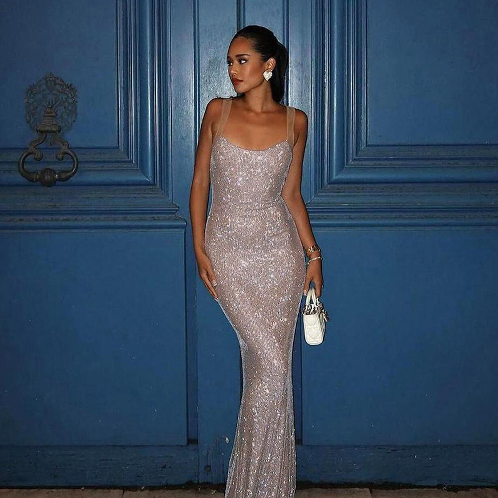 Blingbling Elegant Camisole Evening Dress Sexy Slim Fit Long Skirt